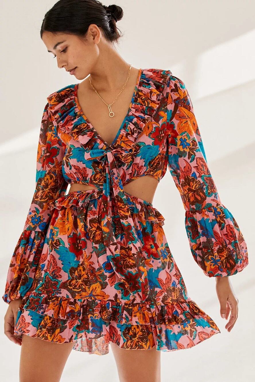 Anthropologie Love the Label Pink Floral Cut-Out Mini Dress Size XS
